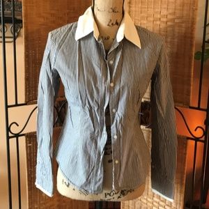 Grey & White Striped Fitted Button Down Shirt